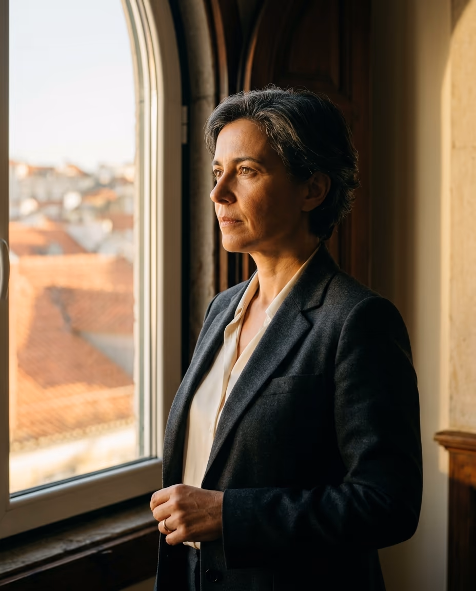 Tesoureira de mid-cap industrial, ao final da tarde, junto a janela com vista sobre telhados de Lisboa
