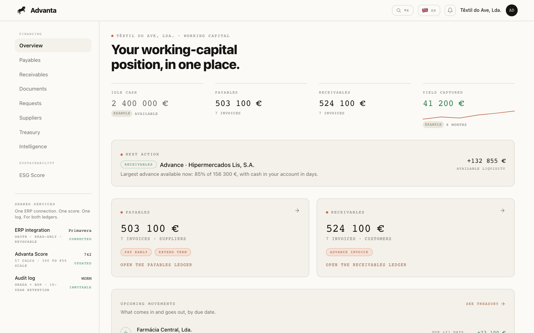 Advanta platform Overview screen: working-capital KPIs, treasury chart and recent activity list
