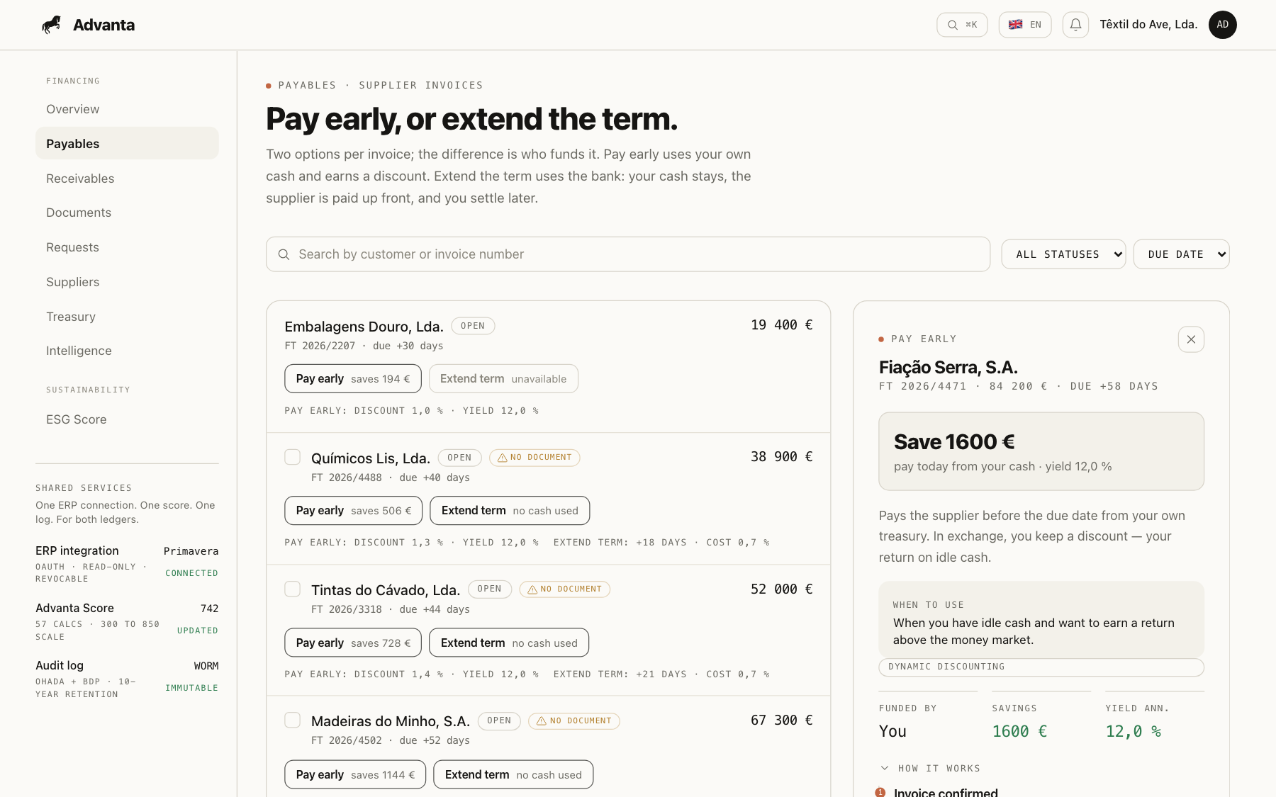 Payables: accounts payable ledger with dynamic discount panel and projected savings