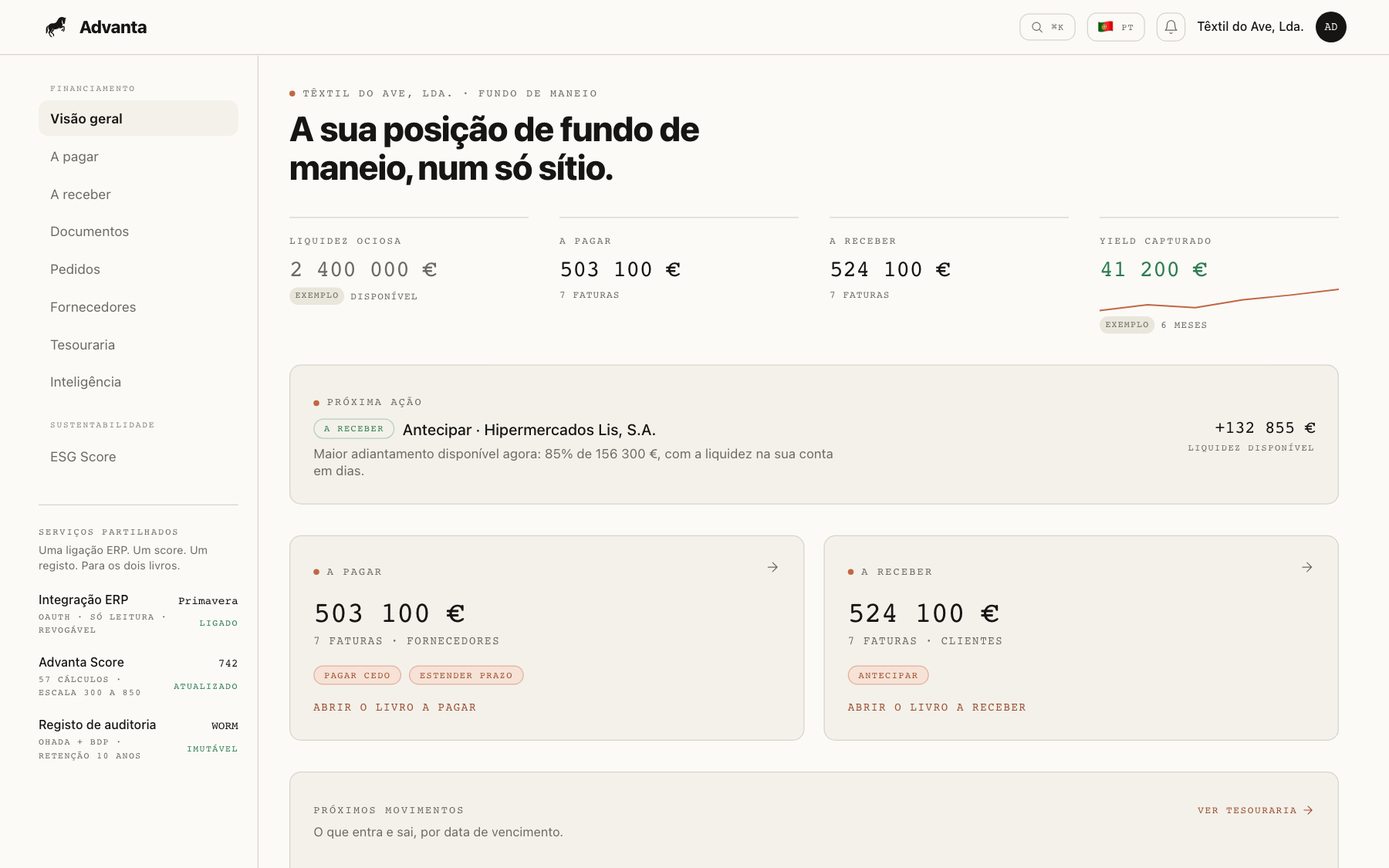 Ecrã de Visão Geral da plataforma Advanta: KPIs de fundo de maneio, gráfico de tesouraria e lista de actividade recente