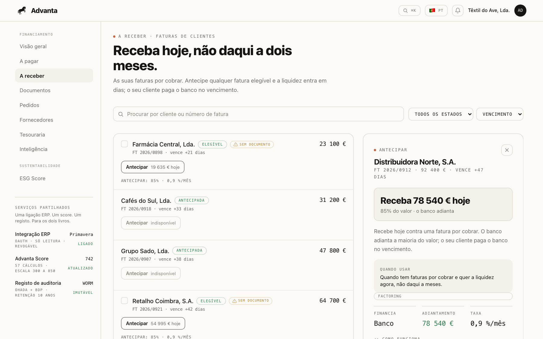 A Receber: ledger de factoring com estado dos pedidos de financiamento